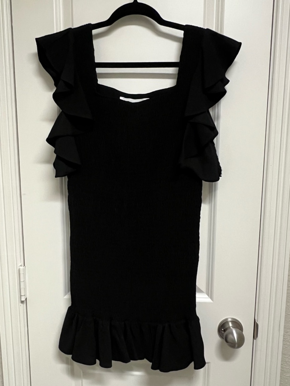 The Impeccable Pig Size L Black Mini Dress Smocked Ruffle-Sleeve Mermaid Hem
